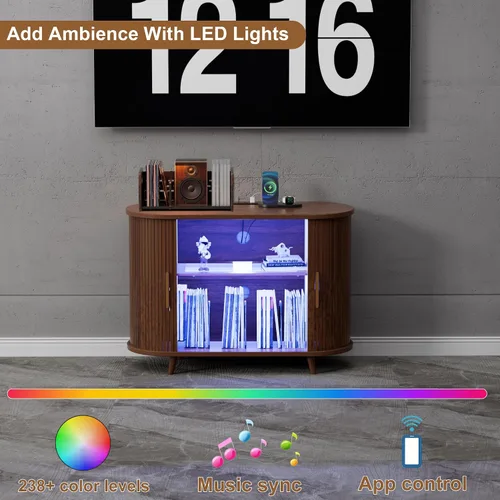 Vista 6 de Soporte para tocadiscos de vinilo con luces LED y estación de carga, soporte grande para discos con puerta corrediza para tocadiscos, altavoces