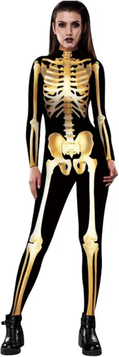 Vista 11 de Disfraz de esqueleto de calavera para Halloween para mujer, overol elástico y ajustado Skull Skeleton Costume Jumpsuits Stretch Skinny Catsuit