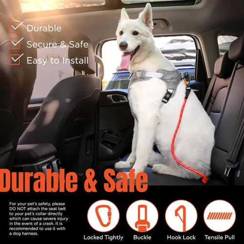 Vista 6 de Cinturón de seguridad para perro Cinturón de seguridad universal para automóvil para mascotas con cuerda de escalada reflectante, mosquetón