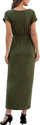 Vista 4 de Vestido largo GRECERELLE para verano, con manga corta, para mujer, con cintura elástica y abertura lateral, con cinturón