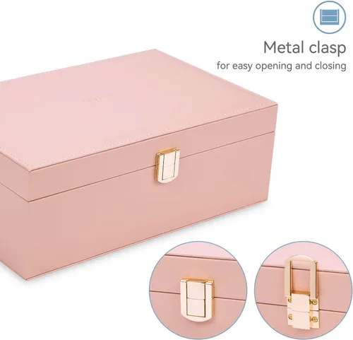 Vista 5 de LANDICI Joyero organizador para mujeres y niñas, caja grande de 2 capas para reloj con bandeja extraíble, soporte de almacenamiento de joyas de piel