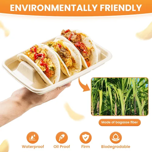 Vista 5 de 25 soportes desechables para tacos para fiestas, platos de taco de fibra de pulpa de bagazo con 3 divisores, soporte para bandeja de tacos