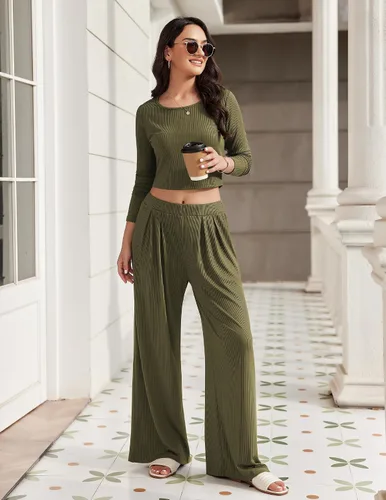 Vista 3 de Ekouaer Conjunto de descanso de 2 piezas para mujer, camiseta corta de punto acanalado, pantalones de pierna ancha con bolsillos S-XXL