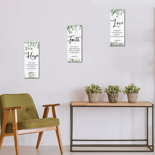 Vista 6 de 3 piezas de decoración de pared cristiana decoración de pared verde inspirador escritura escritura placa colgante rústico hojas signo cita