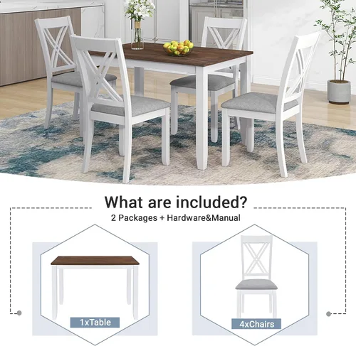 Vista 3 de Farmhouse - Juego de mesa de comedor de cocina de 5 piezas, mesa de cocina rectangular rústica con 4 cómodas sillas de comedor tapizadas, juego