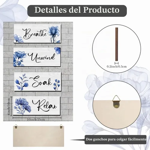 Vista 2 de 4 Piezas de Arte de Pared Rústico de Granja - Señal Colgante de Madera para Relajarse, Remojarse, Desconectar y Respirar para Decoración de Spa