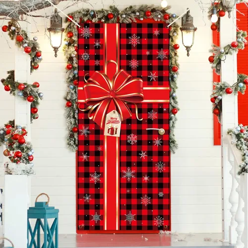 Vista 7 de Cartel de Navidad para puerta, decoración de Feliz Navidad, búfalo a cuadros rojos y negros, telón de fondo de caja de regalo de Navidad, lazo