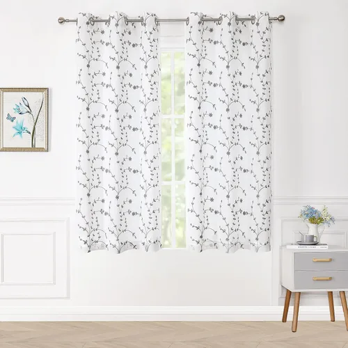 Vista 24 de Bujasso - Cortinas de hojas transparentes de 63 pulgadas, bordadas con flores, estilo granja, cortinas con filtro de luz para ventana, patrón Dorado