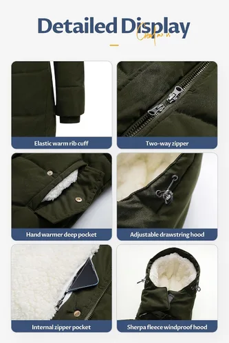 Vista 6 de CREATMO US Abrigo de invierno de sherpa grueso para mujer, chaqueta de nieve cálida con capucha extraíble