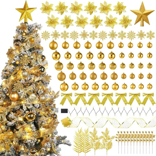 Vista 12 de Poen Juego de 108 adornos para árbol de Navidad, incluye bolas para árbol navideño, flor de pascua con purpurina, lazos, bayas, tallos, hojas, copos