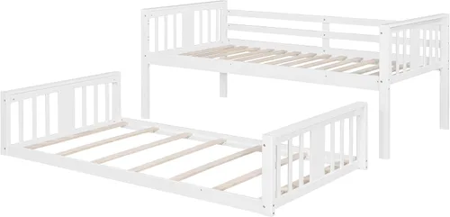 Vista 9 de Harper & Bright Designs Literas para niños, litera de madera maciza individual sobre individual, marco de cama con barandilla de protección y Gris