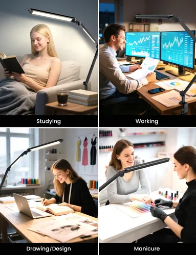 Vista 5 de Lámpara de escritorio LED con abrazadera, luz doble ajustable y control remoto, luz de rompecabezas para mesa sin deslumbramiento, 4 modos