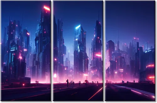 Vista 55 de Arte de pared de 3 piezas de escena de ciencia ficción de la calle comercial futurista paisaje urbano, decoración de pared para dormitorio