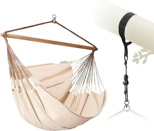 Vista 17 de LA SIESTA® - Silla Hamaca Grande y Cómoda de Algodón Habana & CasaMount - Silla Colgante con Kit de Suspensión para Paredes, Techos y Vigas Café