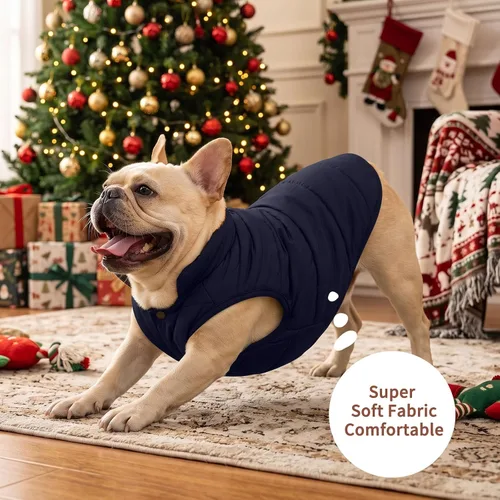 Vista 3 de JoyDaog Chaqueta cálida con forro polar de 2 capas para cachorros en invierno y clima frío, abrigo suave y resistente al viento para perros Azul