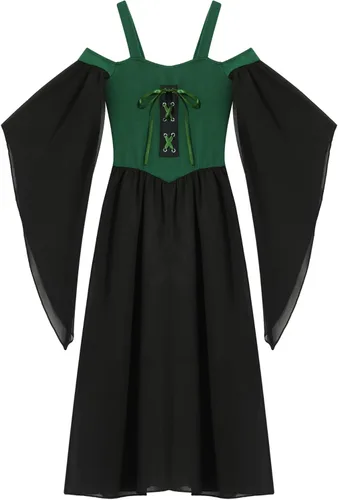 Vista 3 de dPois Disfraz medieval renacentista para niñas, vestido de manga larga, steampunk, gótico, victoriano, corsé de princesa