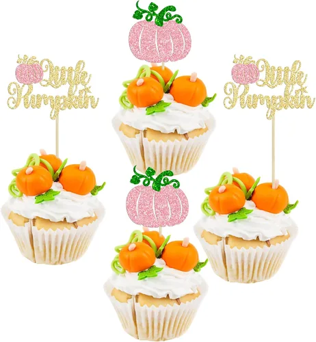 Vista 17 de 24 adornos para cupcakes de calabaza para niños o niñas con purpurina para revelación de género, decoración para cupcakes de calabaza, pies