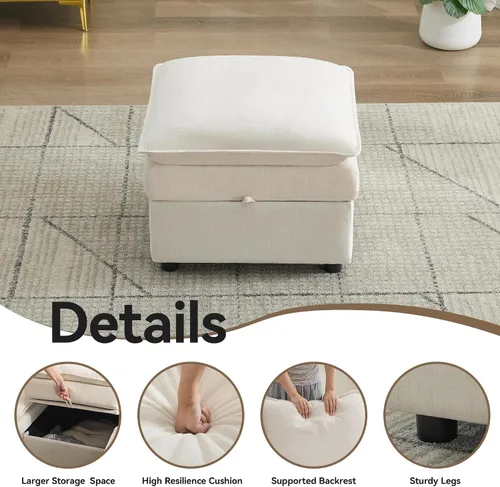 Vista 5 de Otomana cuadrada grande de 27 pulgadas con almacenamiento, reposapiés tapizado moderno con patas antideslizantes para sofá, mesa de café, sala