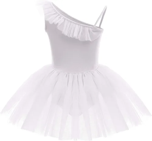 Vista 3 de IDOPIP Vestido de ballet con lentejuelas y volantes de un hombro para niñas, tutú con falda, leotardo de bailarina, traje de baile para niños