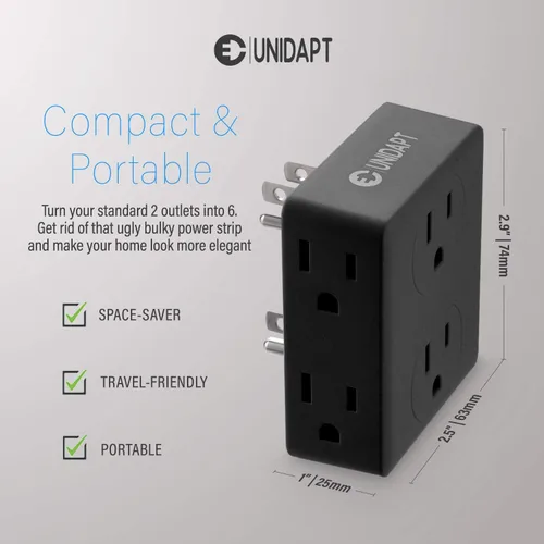 Vista 3 de Unidapt - Divisor de enchufes múltiples, adaptador extensor de múltiples salidas con 6 enchufes de CA, caja divisora lateral, expansor de enchufe