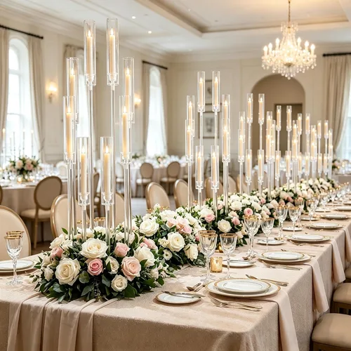 Vista 13 de Portavelas transparentes de 8 brazos para decoración de boda, candelabro alto de acrílico con pantalla para eventos del día de San Valentín, fiesta