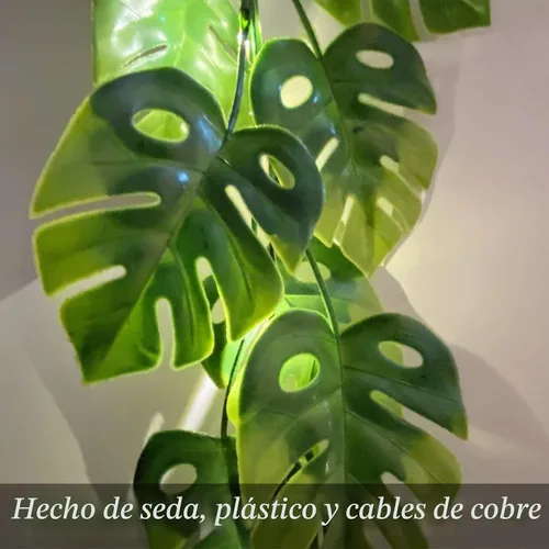 Vista 2 de Fielegen Guirnalda de 20 luces LED de hojas de Monstera, hojas de palmera tropicales artificiales, enredaderas verdes con luces, decoración