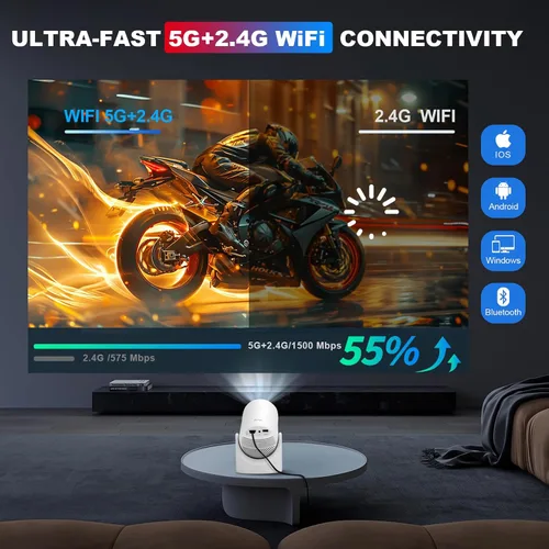 Vista 7 de Mini proyector con Wifi y Bluetooth portátil, 180 grados Roation Altavoz incorporado que se conecta al teléfono, laptop, PC, mini proyector al aire
