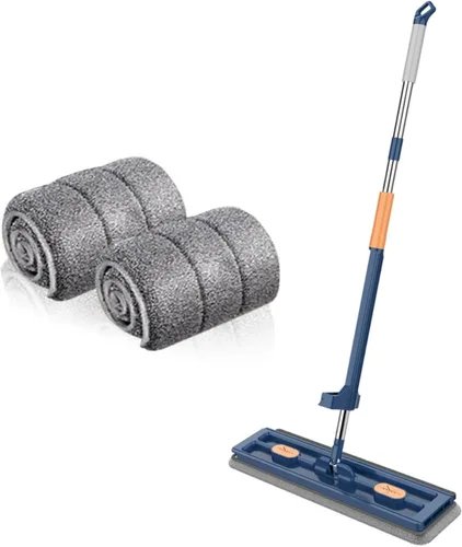 Vista 2 de Trapeador plano grande, mopa de microfibra, fregona plana grande para uso húmedo y seco, trapeador de polvo giratorio de 360 grados con raspador