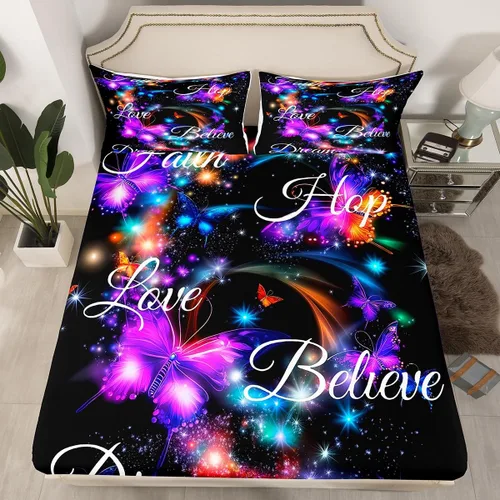 Vista 8 de Linda sábana bajera ajustable de gato tamaño individual, juegos de ropa de cama de mariposa azul y verde para niños, sábanas estéticas de gatos