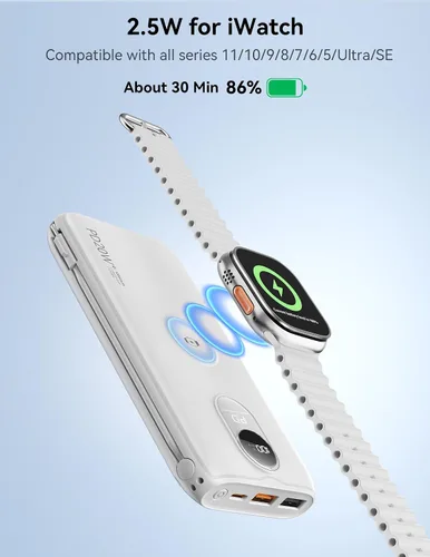 Vista 6 de Portable Charger 10000mAh 20W, Wall Plug, 2 Cables, iWatch Charging Digital Display, Compact Lightweight, USB C Fast Charge, USB-A 18W, Multi