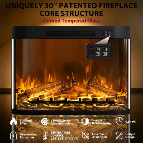 Vista 4 de Soporte de TV estriado de 70 pulgadas con chimenea eléctrica curvada Negro