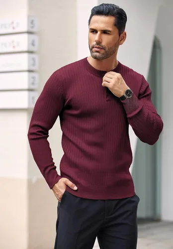Vista 30 de COOFANDY Suéter de punto Henley para hombre, manga larga, con botones, ligero, para otoño, ajustado, acanalado