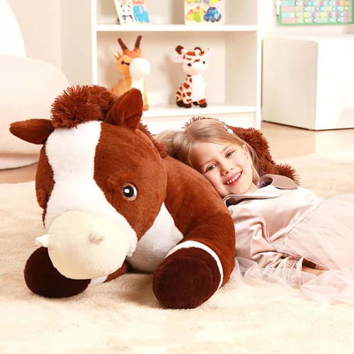 Vista 3 de IKASA Juguete de peluche de caballo gigante, juguetes suaves grandes y grandes, 33.5 pulgadas, tamaño enorme, lindo peluche mullido de gran