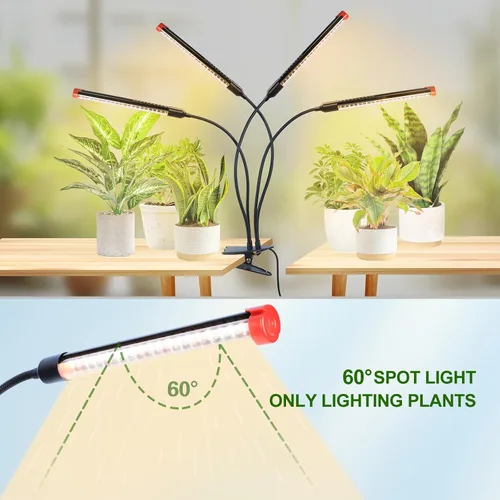 Vista 3 de Luces de crecimiento de clip fuerte de 4 cabezales para plantas de interior, inicio de semillas, bonsái, temporizador de 4/8/12/16/20H, 36 W, sin