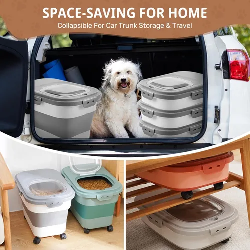 Vista 5 de SEWIU Contenedor de Almacenamiento de Comida para Perros 2pack*20LB, Contenedor Plegable de Comida para Perros con Cuenco de Silicona de Viaje