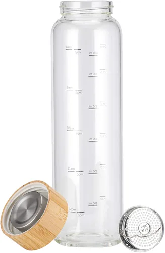 Vista 4 de sunkey Botella de agua de vidrio de 32 onzas de boca ancha con funda de bambú, botella de agua motivacional con marcador de tiempo, reutilizable