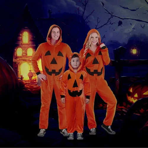 Vista 6 de Disfraces familiares a juego que brillan en la oscuridad para Halloween mono de una pieza con capucha y diseño de esqueleto para adultos y niños
