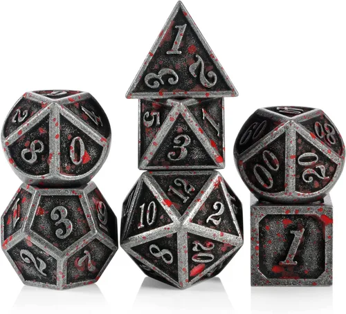 Vista 18 de DNDND - Dados de diseño antiguo, 7 dados de metal de latón con caja de metal para juegos de mesa como Dungeons and Dragons