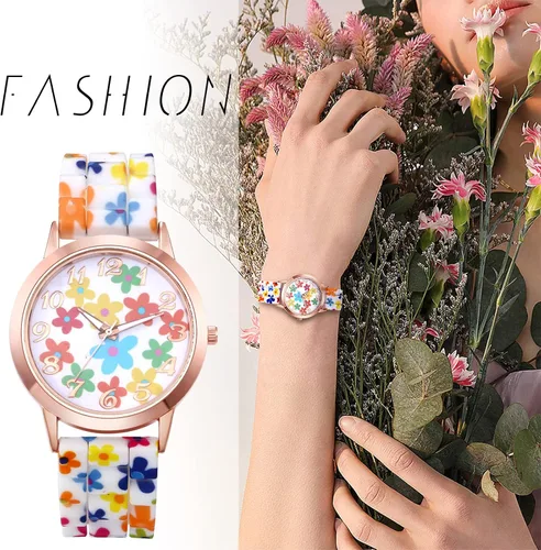 Vista 6 de JewelryWe Women Watches Silicone Band Wristwatch Round Analog Quartz Floral Casual Dress Watch for Ladies for Christmas
