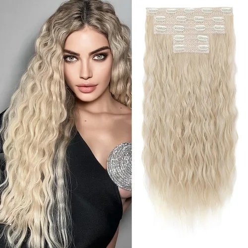 Vista 20 de REECHO Extensiones de cabello con clip, 5 piezas, de 24 pulgadas, de color rubio ceniza, extensiones de cabello con ondas largas y sueltas, HE002