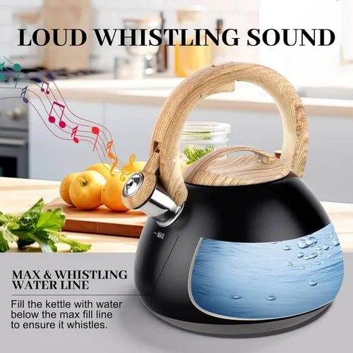Vista 3 de MARSKITOP Tetera para estufa, tetera silbante para estufa, tetera de acero inoxidable de grado alimenticio con mango ergonómico Cool Touch, 2.6 Negro