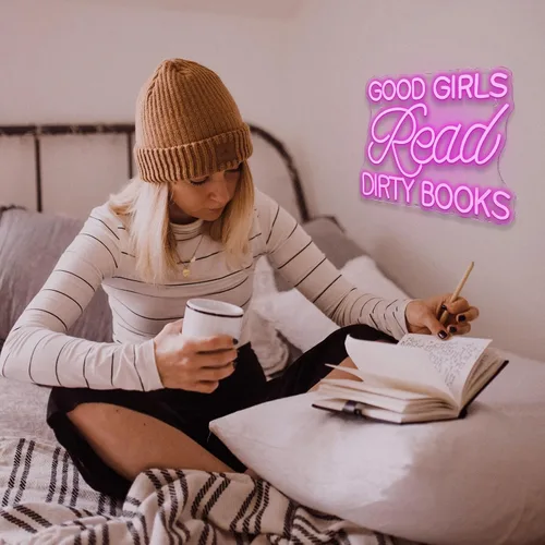 Vista 8 de Letrero LED de neón para decoración de pared, con texto en inglés "Good Girls Read Dirty Books", luz de neón regulable para el hogar, libro, fiesta
