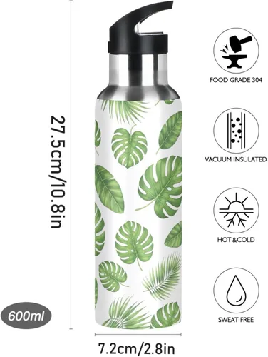 Vista 9 de Green Tropical Leaves Insulated Water Bottle 32 Oz, BPA-Free Sport Water Bottle Insulated Leakproof Water Bottles