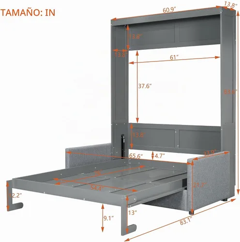 Vista 2 de Cama Murphy de tamaño completo, cama Murphy de madera con cojín, cama de pared con sofá para oficina en casa o habitación pequeña, gris
