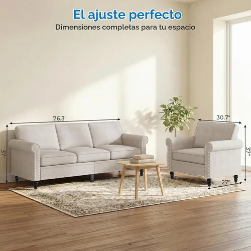 Vista 2 de Mjkone Juego de 2 Piezas para Sala de Estar, Sofás Seccionales, Juego de Sofá y Silla, Sofá Moderno de Lino con Marco de Madera y Patas
