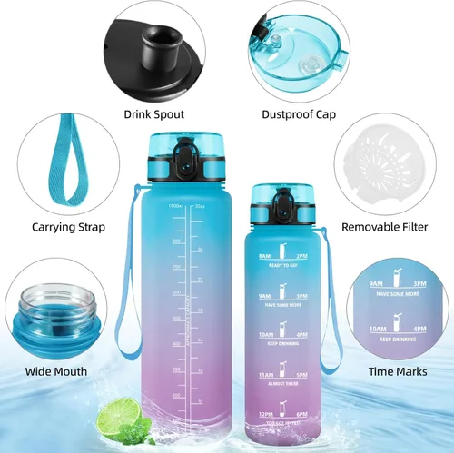 Vista 2 de Botella Agua, Motivacional 1.5 Litre, Cantimplora Gimnasio, Marcador de Tiempo, Botella de Agua, Reutilizable, Water Bottle para Escuela Camping