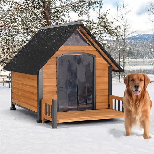 Vista 6 de Casa para perros al aire libre con forro aislante completo, resistente a la intemperie, refugio para cachorros, perrera para interiores, Marrón