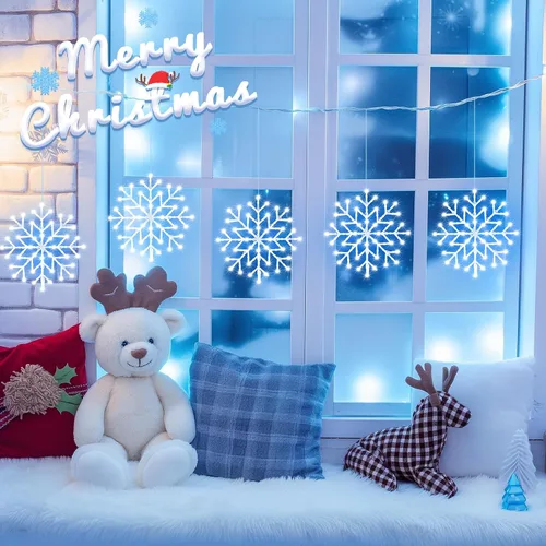 Vista 7 de Luces de Navidad Brightown estilo carámbano para exterior - Enchufe de 3.2 m, 5 gotas, 240 LED, luz de ventana con forma de copo de nieve con 8