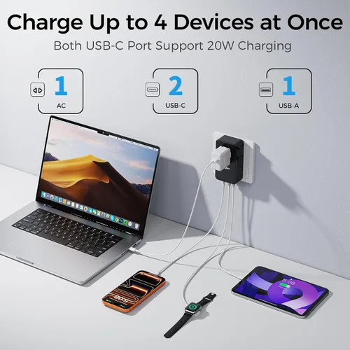 Vista 3 de Adaptador de viaje universal, adaptador de corriente internacional con 1 salida de CA, 1 USB-A y 2 puertos USB-C, funciona en más de 150 países