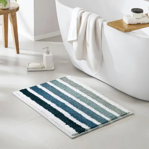 Vista 5 de Sunlit Alfombra de baño azul ombré, alfombra de baño náutica para baño, antideslizante, 24 x 17 pulgadas, azul y blanco